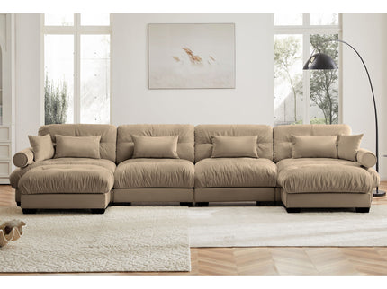 Modern Sectional Sofa With Ottoman, Round Bolster Armrests, Waist And Throw Pillows