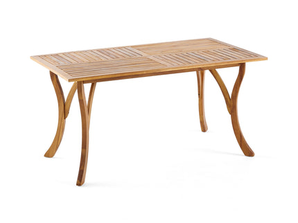 Outdoor Rectangular Table With Curved Legs And Perpendicular Wooden Slats Table Top