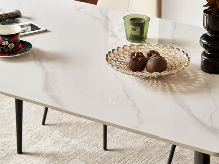 Mid Century Modern Dining Table Round White Sintered Stone Top Heavy Duty Metal Legs Waterproof Surface For Kitchen Dining Room Or Office Furniture - White / Black