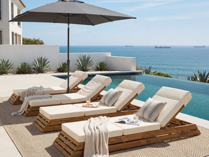 Chaise Lounge Set With 4 Fold Cushion And Built In Headrest, 3 Position Adjustable Backrest, For Patio - Beige / Teak