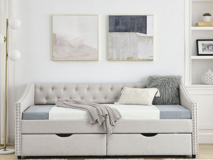 Upholstered Tufted Daybed With 2 Drawers, Waved Arms