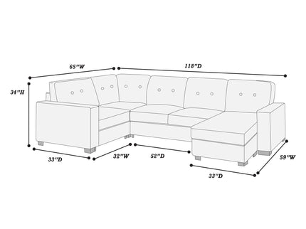 Reversible Chaise U - Sectional Couch, Living Room 3 Piece Set