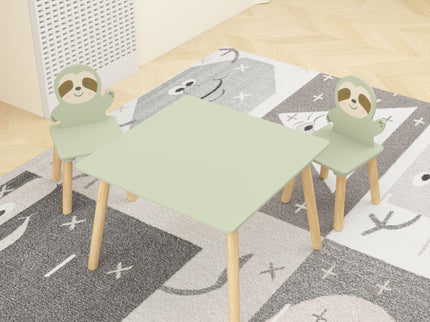 Sloth Themed Table And Chair Set With 2 Cute Animal Chairs - Natural Wood / Sage Green