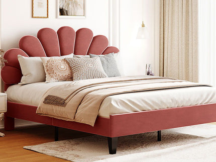 Upholstered Platform Bed With Flower Pattern Headboard