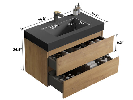 Alice - Natural Oak Bathroom Vanity With Sink, Large Storage Wall Mounted Floating Bathroom Vanity For Modern Bathroom, One-Piece Sink Basin Without Drain