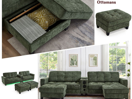 Modern Sectional Sofa U-Shaped With Movable Ottomans, tooth Speakers, LED Lights And Modular Storage