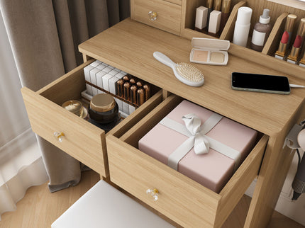 Small Vanity Desk With 3 LED Lighting Modes, 3 Drawers, Hair Dryer Holder, Power Socket, And Dressing Chair - Natural Walnut