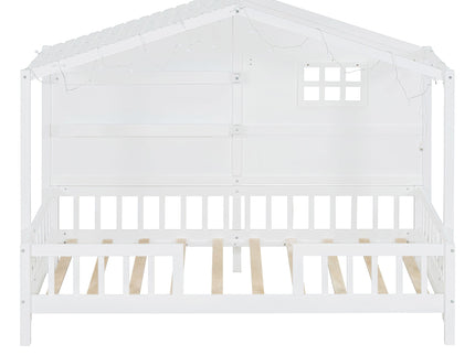 House Bed With Shelves, Window And Sparkling Light Strip On The Roof