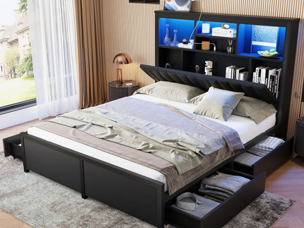 Bed Frame With High Storage Headboard, LED Light And Charging Station, 4 Storage Drawers