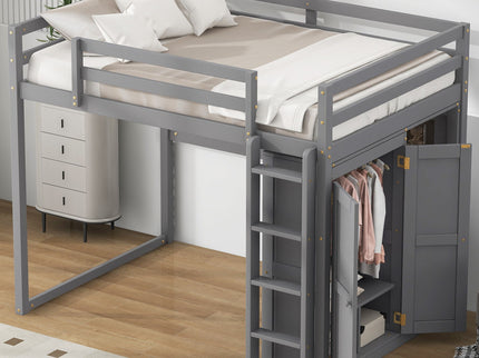 Loft Bed With Built In Wardrobe, Storage Shelves, And LED Light