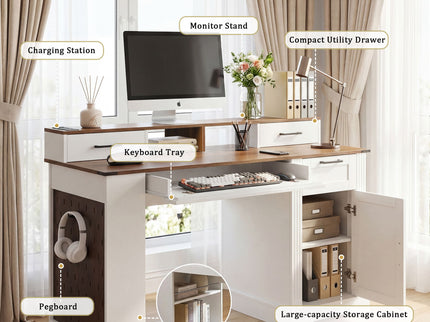 Office Desk With Storage Cabinet, Charging Station, Monitor Stand & Pegboard
