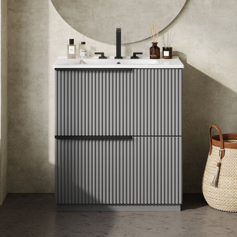 Fluted Bathroom Vanity With Ceramic Sink, Freestanding Cabinet