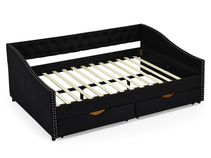 Upholstered Tufted Daybed With 2 Drawers, Waved Arms