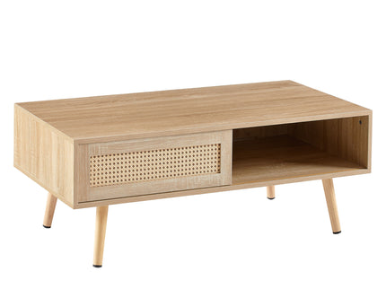 41.34" Rattan Coffee Table, Sliding Door For Storage, Solid Wood Legs, Modern Table For Living Room