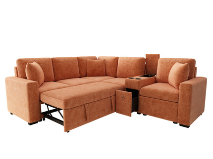 Modular L-Shaped Sectional Sofa Bed With Pull-Out Sleeper, Cup Holders, And Storage