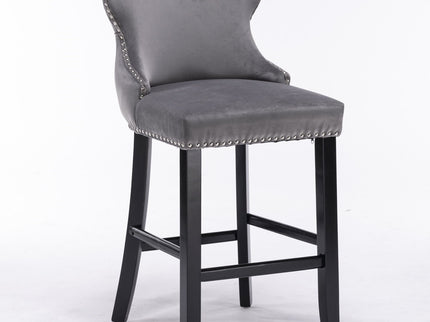 Contemporary Upholstered Wing-Back Barstools With Button Tufted Decoration And Wooden Legs, And Nailhead Trim, Leisure Style Bar Chairs, Bar Stools (Set of 2)