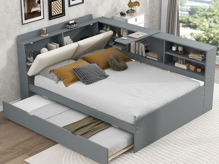 Platform Bed With Trundle, Shelves, And Storage Headboard