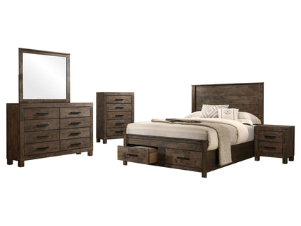 Greely - 5 Piece King Storage Bedroom Set Includes Bed, Nightstand, Dresser, Mirror & Chest - Rustic Brown