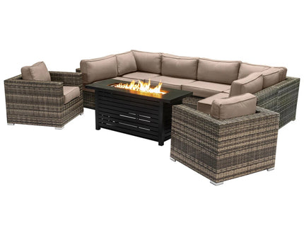 9 Piece Outdoor Sectional Set With Fire Pit Table And Cushions - Beige