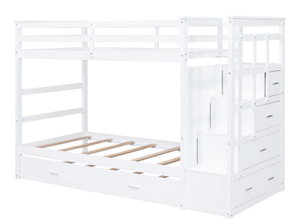 Twin Over Twin Bunk Bed With Trundle And Staircase - White