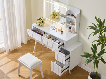 Modern Makeup Vanity Desk With LED Lights & Mirror 4 Drawer Dressing Table Set Space Saving For Bedroom - White