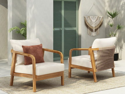 Outdoor Lounge Chair With Woven Backrest, Solid Wood Frame, Comfortable Cushions