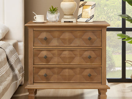 Nightstand With Charging Station, 3 Drawer Bedside Table - Natural Wood