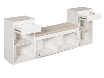 Entryway Storage Bench With Cushion, Drawers & Open Shelves