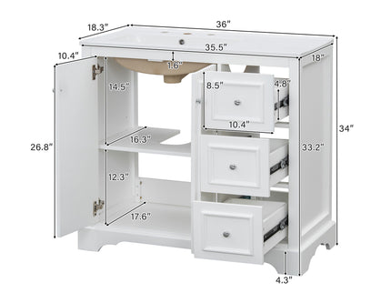 Bathroom Vanity With Sink, Soft-Close Doors, Adjustable U-Shelf, 3 Drawers
