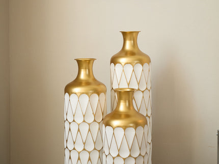 Floor Metal Vase Modern Style Decoration Home Droplet Shaped Metal Vase 3 Piece Set Gorgeous Home Decoration Large Glazed Metal Vase - Gold / White