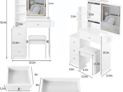 Cabinet Vanity Table & Cushioned Stool, USB Power Station, Hair Dryer Bracket - White