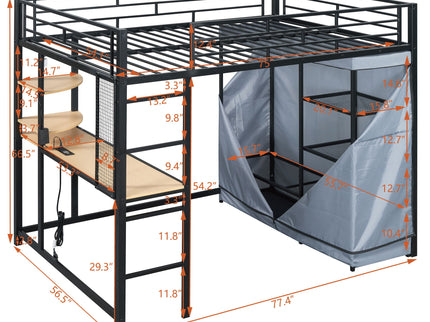 Loft Bed With Desk, Shelves, Power Outlet, LED Light And Wardrobe