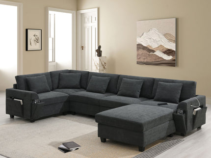 U Shaped Sectional Sofa 6 Seat Couch Set With Oversized Ottoman, Hidden Armrest Storage And Cup Holders USB Charging Ports Wide Seat Sofa