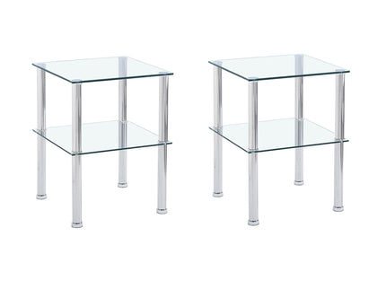 Modern 2 Piece Side Table With Storage Shelf, Tempered Glass, Space Saving Design - Clear
