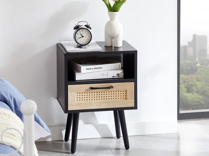 15.75" Rattan End Table With Drawer And Solid Wood Legs, Modern Nightstand, Side Table For Living Room, Bedroom