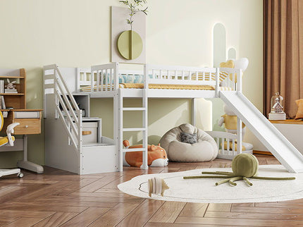 Loft Stairway Bed With 2 Drawers, Convertible Ladder And Slide