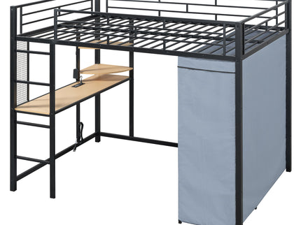 Loft Bed With Desk, Shelves, Power Outlet, LED Light And Wardrobe