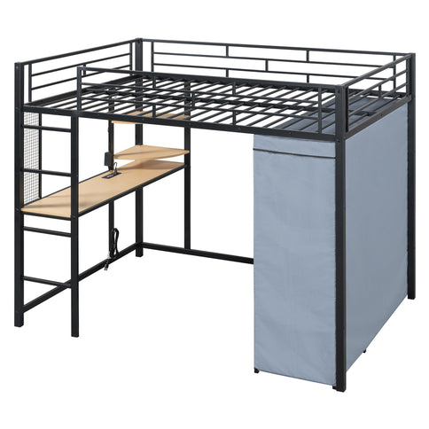 Loft Bed With Desk, Shelves, Power Outlet, LED Light And Wardrobe
