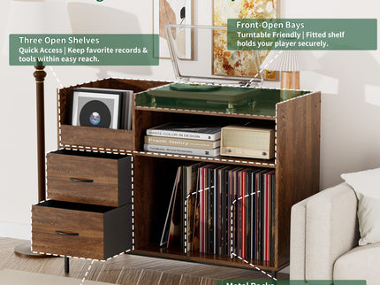 Eco-Friendly Vinyl Record Player Stand With Flip-Top Storage, Media Console With Dual Outlets And Dustproof Drawers