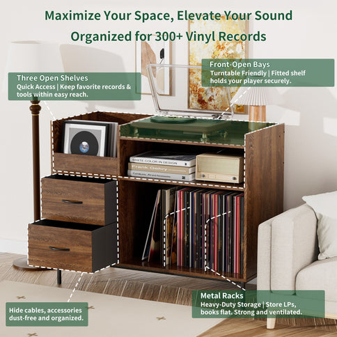 Eco-Friendly Vinyl Record Player Stand With Flip-Top Storage, Media Console With Dual Outlets And Dustproof Drawers