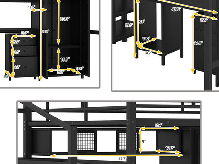 Full Size Loft Bed With Desk Set And Wardrobe - Black