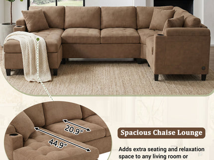 U Shaped Sectional Sofa, Corner Living Room Couch With Built In Cup Holders, Storage, USB Ports