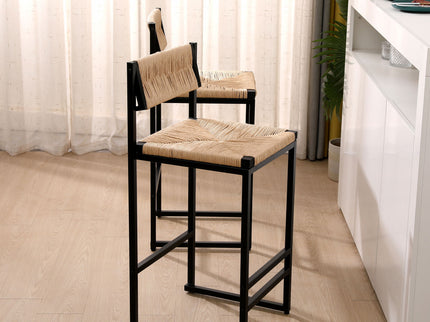 Bar Stools Paper Rope Weave Dining Chairs With Back Hand Weave Stools For Kichen Island, Bar & Counter (Set of 2)