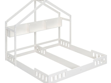 Twin Size Platform Bed With Shared Design, Guardrails, And Built In Shelves - Creamy White