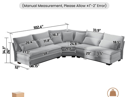 5 Seater L Shaped Sectional Sofa With Curved Corner, 7 Pillows
