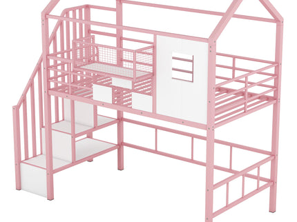 Metal Loft Bed With Roof Design And Storage Box With Guardrails And Integrated Ladder