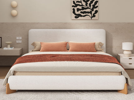 Elegant Boucle Upholstered Bed With Solid Wood Feet