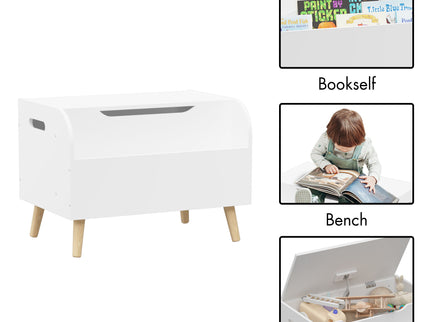Toy Box With Front Bookshelf, Flip Top Lid, Safety Hinge For Kids Room Organization - White