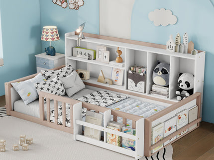 Platform Bed Frame With Guardrail, Storage Shelves & Bookshelf