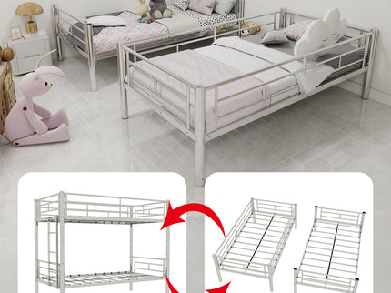 Metal Bunk Bed For Kids, Convertible Bedframe With Ladders & Guardrail
